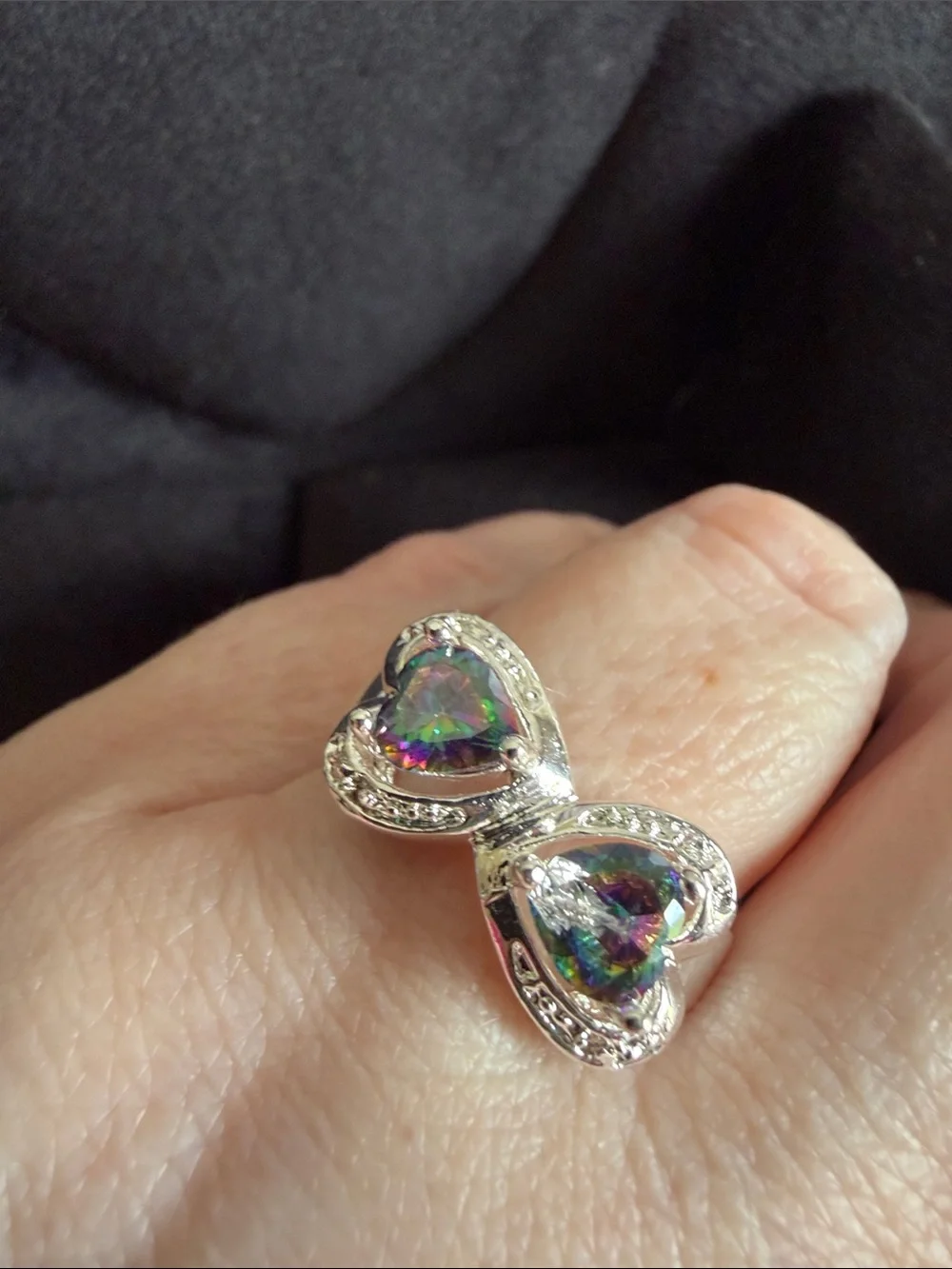 Silver Heart Double Stone Ring with Mystic Rainbow CZ